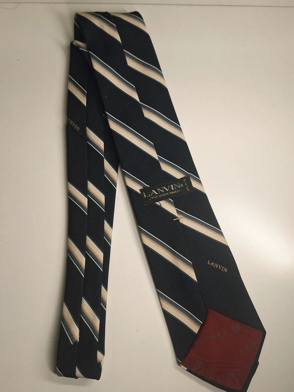 Lanvin Navy Tie with Cream and Light Blue Stripes